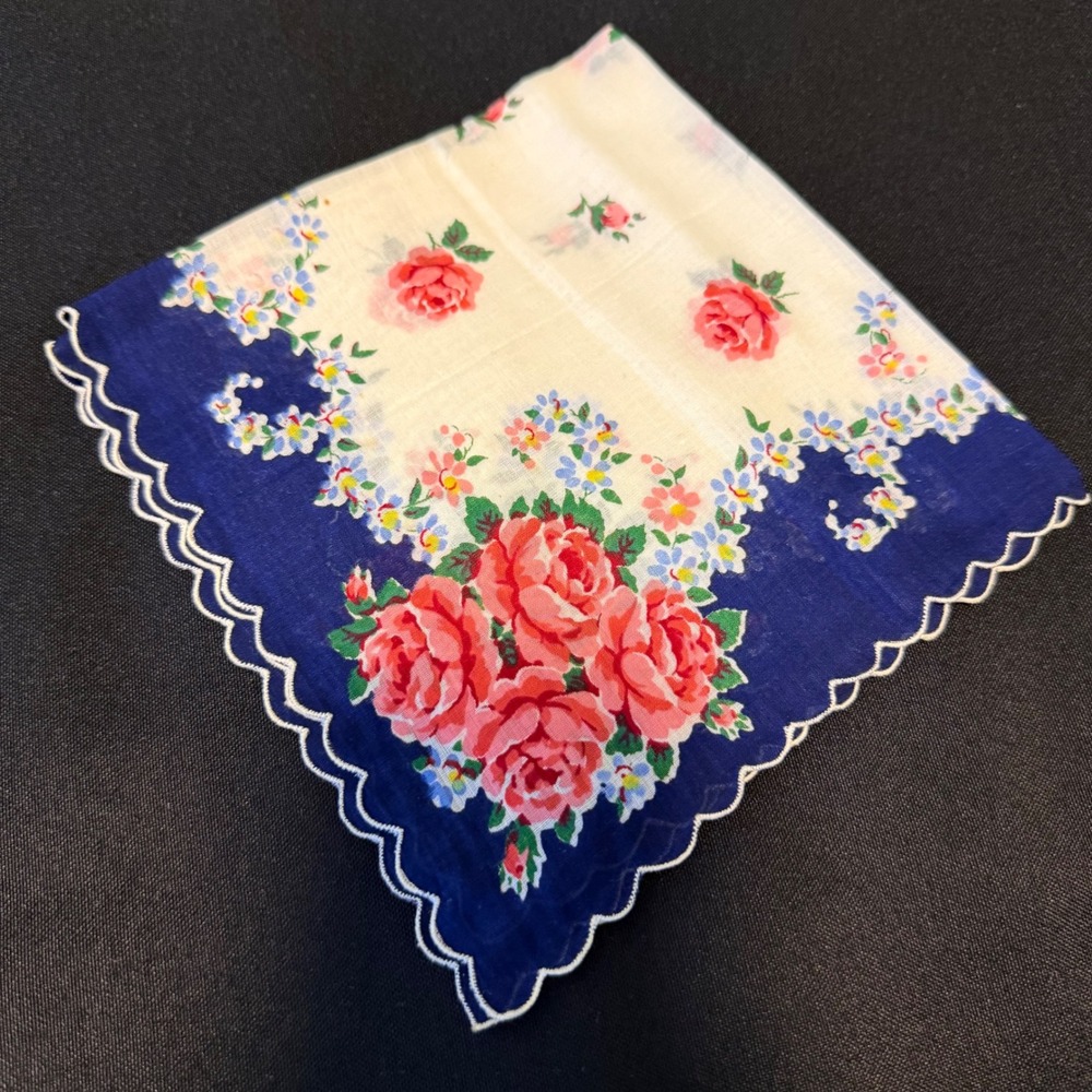 Vintage Floral Hankie Navy Border Pink Roses Scalloped Edge 1950s Cottagecore